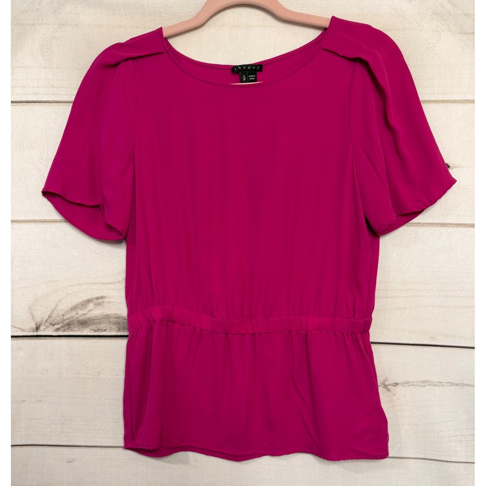 Theory Nelda Silk Blouse Top Magenta Pink Flutter Sleeve‎ Elastic Waist Size S